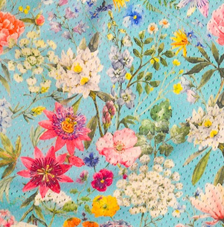 Close-up of RF-Wear Men's Mesh Floral Shorts in Teal/Multicolor