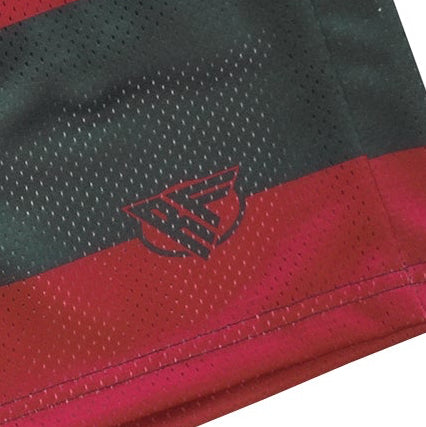 Close-up of RF-Wear Men's Mesh Freddy Shorts in Red/Green with RF logo