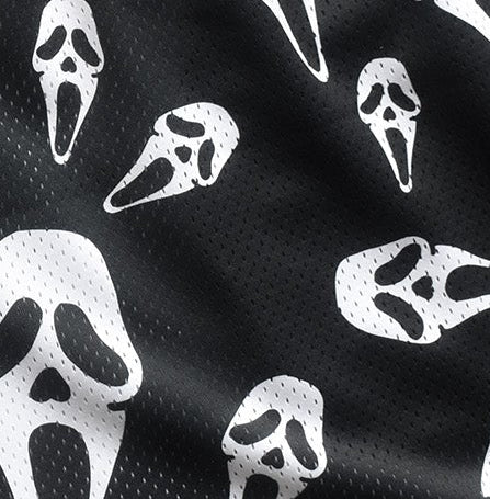 Close-up of RF-Men's Mesh Ghost  Faces Shorts in Black/White