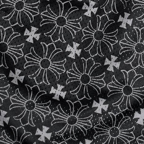 Close-up of RF-Wear Men's Mesh Gothic Cross Shorts in Black/Grey