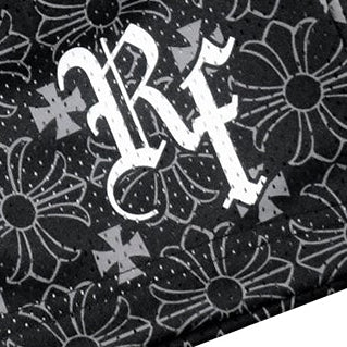 Close-up of RF-Wear Men's Mesh Gothic Cross Shorts in Black/Grey with RF logo