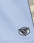 Close-up of RF-Wear Men's Mesh Grey Checkered Trim shorts in powder blue with RF logo