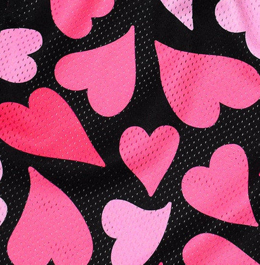 Close up of RF-Wear Men's Mesh Heart Shorts - Black/Pink