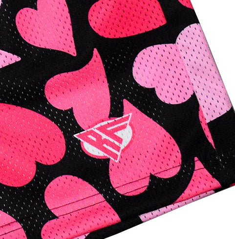 Close up of RF-Wear Men's Mesh Heart Shorts - Black/Pink with logo