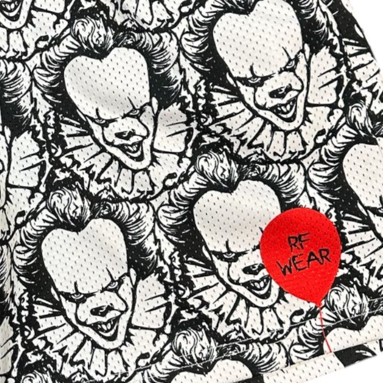 Close-up of RF-Wear Men's Mesh Horror Clown Shorts in Black/White