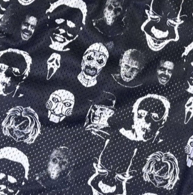 Close up of RF-Wear Men's Mesh Horror Faces Shorts in Black