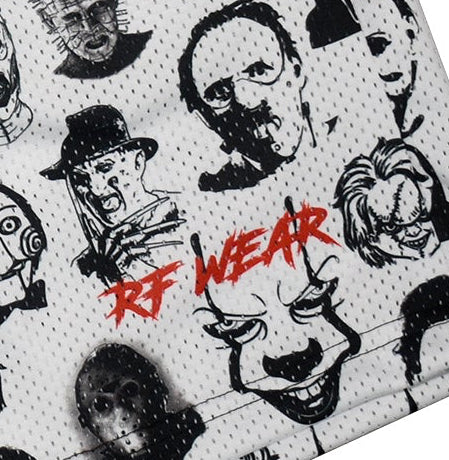 Close-up of RF-Wear Men's Mesh Horror Faces Shorts in White with RF WEAR logo