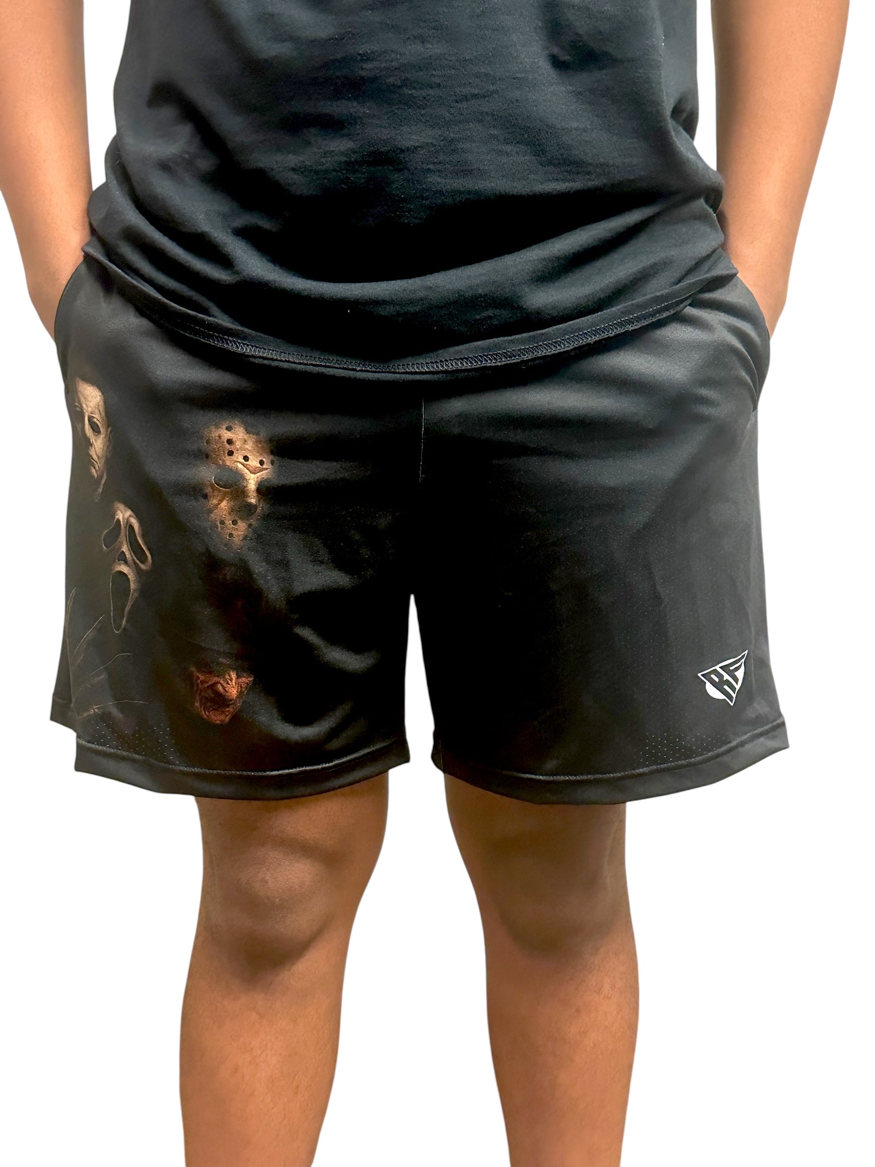 RF Wear Men's Mesh Horror Squad Shorts Black - Model Front View