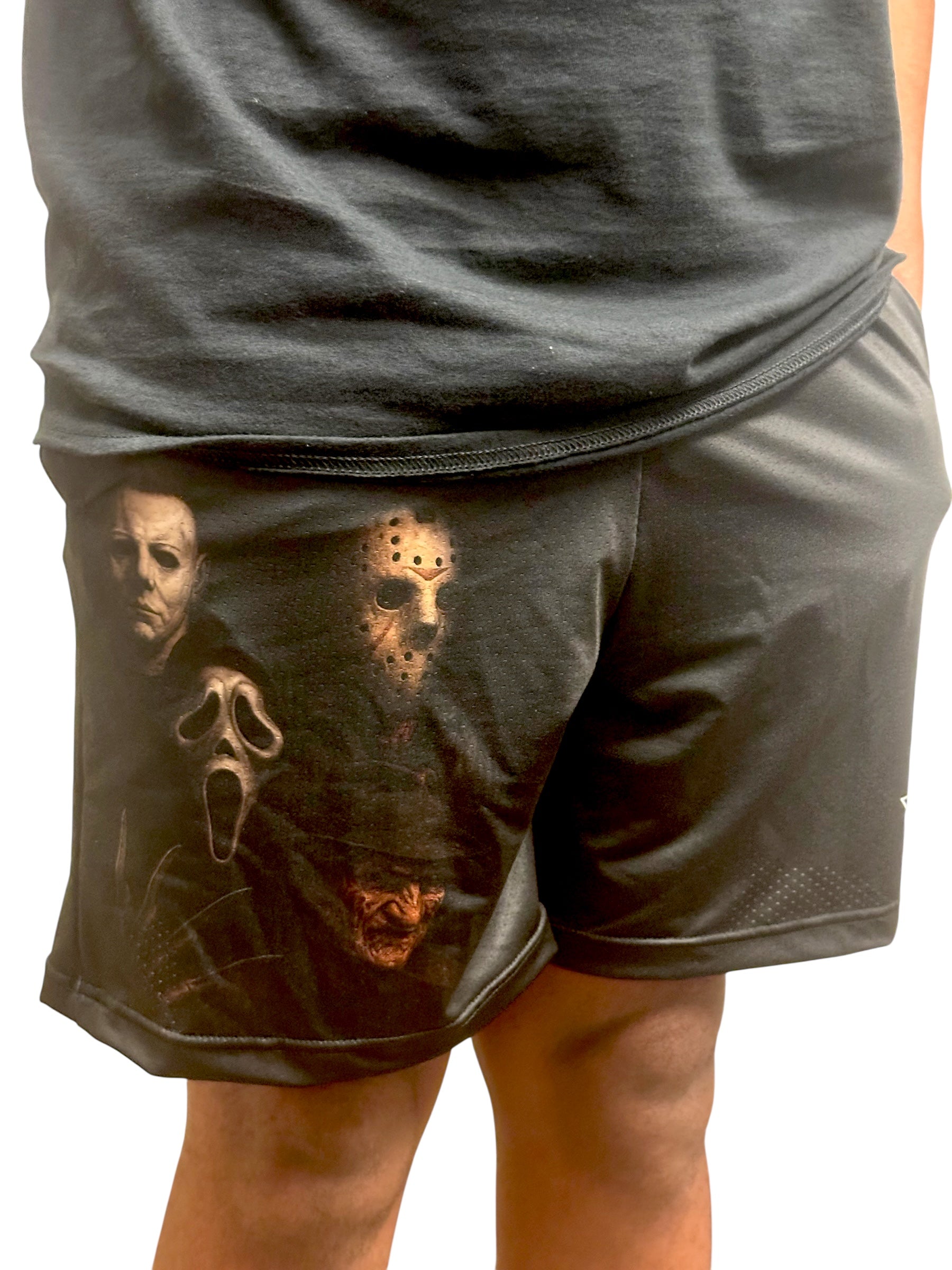 RF Wear Men&#39;s Mesh Horror Square Shorts Black - Model Close Up Front
