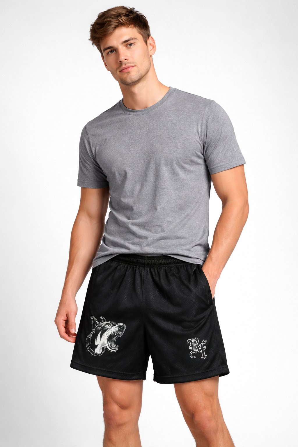 Woman wearing a grey t-shirt and RF-Wear Men's Mesh Hound Dog Shorts in Black