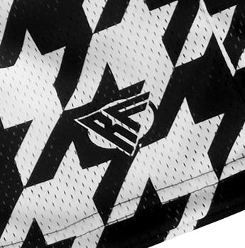 Close-up of RF-Wear Men's Mesh Houndstooth Shorts in Black/White with RF logo