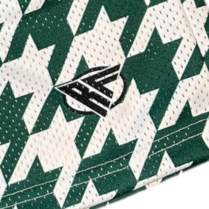Close-up of RF-Wear Men's Mesh Houndstooth Shorts in Green/White with RF logo