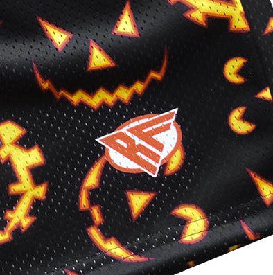Close-up of RF-Wear Men's Mesh Jack-O-Lantern 2.0 Shorts in Black/Orange with RF logo