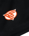 Close-up of RF-Wear Men's Mesh Jack-O-Lantern Face Shorts in Black/Orange with RF logo