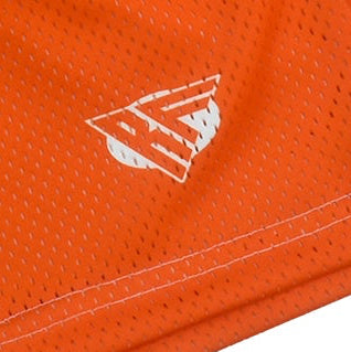 Close-up of RF-Wear Men's Mesh Jack-O-Lantern Face Shorts in Orange/Black with RF logo 