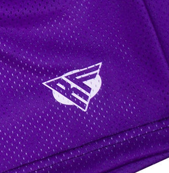 Close-up of RF-Wear Men's Mesh Jack-O-Lantern Shorts in Purple/Black with RF logo