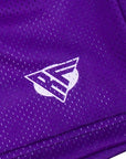 Close-up of RF-Wear Men's Mesh Jack-O-Lantern Shorts in Purple/Black with RF logo