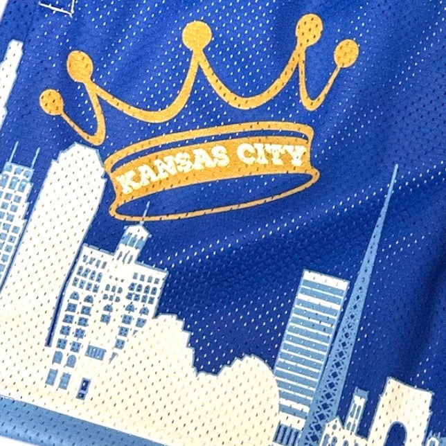 Close-up of RF-Wear Mesh Kansas City Cityscape Shorts in Blue/White