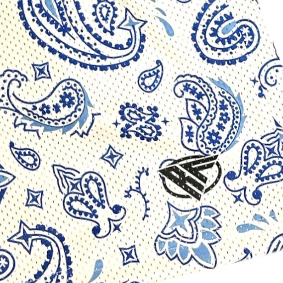 Close-up of RF-Wear Mesh Kansas City Cityscape Shorts in Blue/White with RF logo