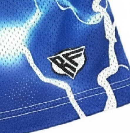 Close-up of RF-Wear Men's Mesh Lightning Shorts in Blue with RF logo