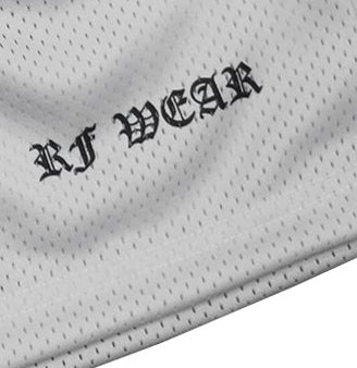 Close-up of RF-Wear Men's Mesh Mary Shorts in Grey with RF WEAR logo
