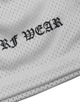 Close-up of RF-Wear Men's Mesh Mary Shorts in Grey with RF WEAR logo