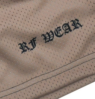 Close-up of RF-Wear Men's Mesh Mary Shorts in Tan with RF WEAR logo