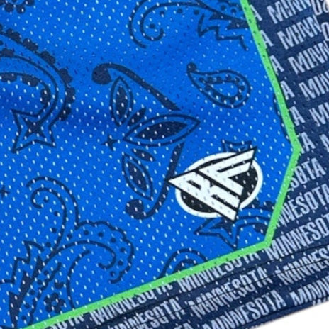 Close-up of RF-Wear Men's Mesh Minnesota Paisley Basketball Shorts in Blue with RF logo