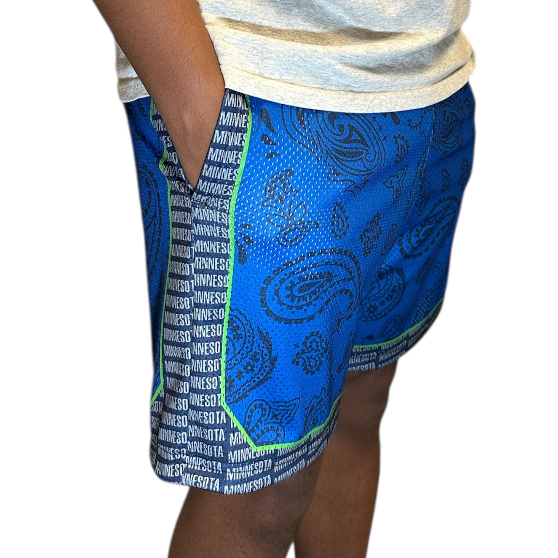 Man Wearing RF-Wear Men's Mesh Minnesota Paisley Basketball Shorts in Blue 