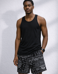 Man wearing a black tank top and RF-Wear Men's Mesh Mismatch Bandana Shorts in  Black
