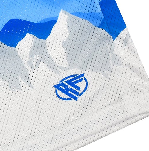 Close-up of RF-Wear Men's Mesh Mountain Skyline Shorts in Blue/White with RF logo