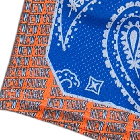 Close-up of RF-Wear Men's Mesh New York Paisley Basketball in Blue/Orange/Black