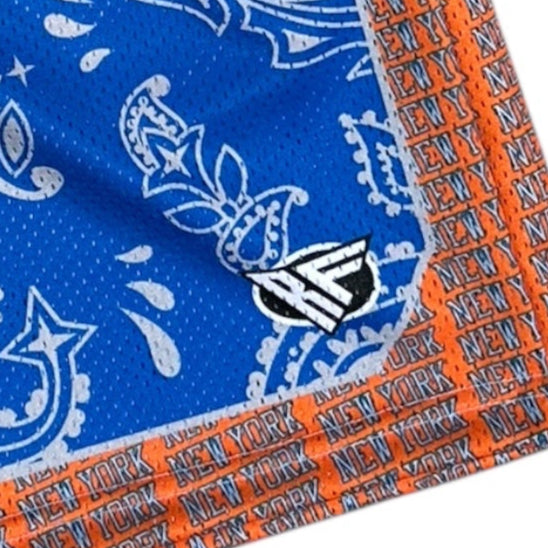 Close-up of RF-Wear Men's Mesh New York Paisley Basketball in Blue/Orange/Black with RF logo