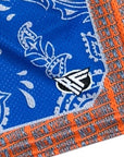 Close-up of RF-Wear Men's Mesh New York Paisley Basketball in Blue/Orange/Black with RF logo