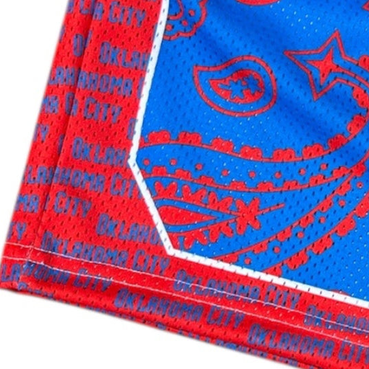 Close-up of RF-Wear Men's Mesh Oklahoma City Paisley Basketball Shorts in  Blue/Red 