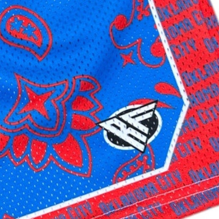 Close-up of RF-Wear Men's Mesh Oklahoma City Paisley Basketball Shorts in  Blue/Red with RF logo