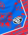 Close-up of RF-Wear Men's Mesh Oklahoma City Paisley Basketball Shorts in  Blue/Red with RF logo