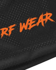 Close-up of RF-Wear Men's Mesh Horror One Face Boogeyman Shorts in Black with RF WEAR logo