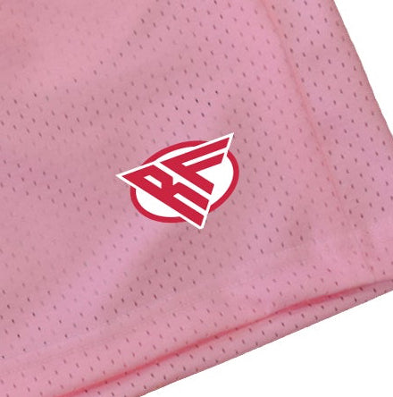 Close-up o RF-Wear Men's Mesh One Heart Shorts - Pink with logo