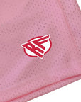Close-up o RF-Wear Men's Mesh One Heart Shorts in Pink with logo