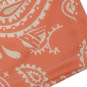Close-up of RF-Wear Men's Mesh Paisley Shorts in Apricot/Cream with RF logo