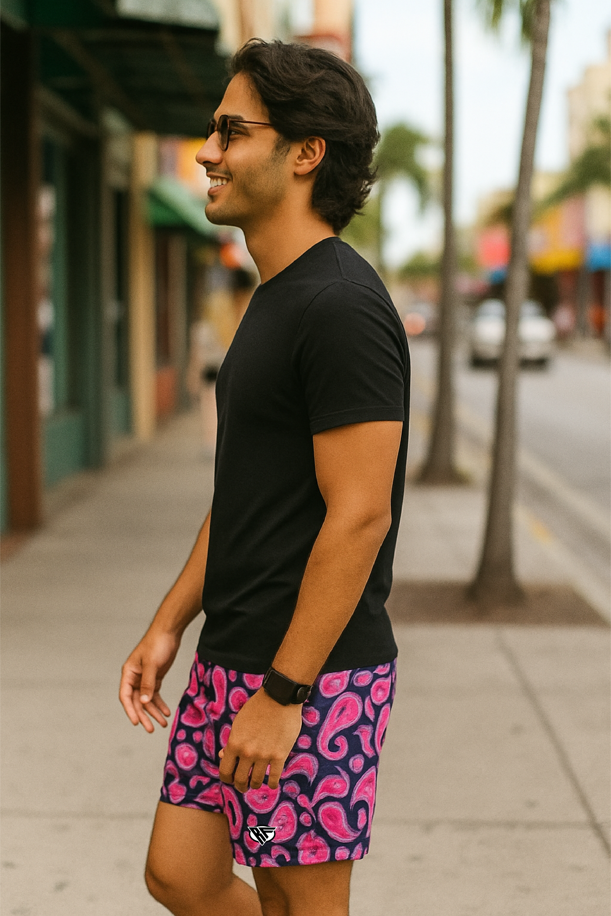 RF Wear Men&#39;s Mesh Paisley Shorts - Black/Pink - Model Side View