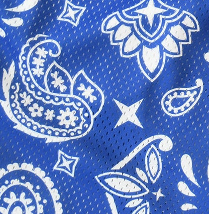 Close-up of RF-Wear Men's Mesh Paisley Shorts in Blue/White 