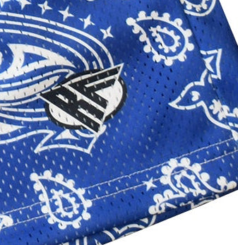 Close-up of RF-Wear Men's Mesh Paisley Shorts in Blue/White with RF logo