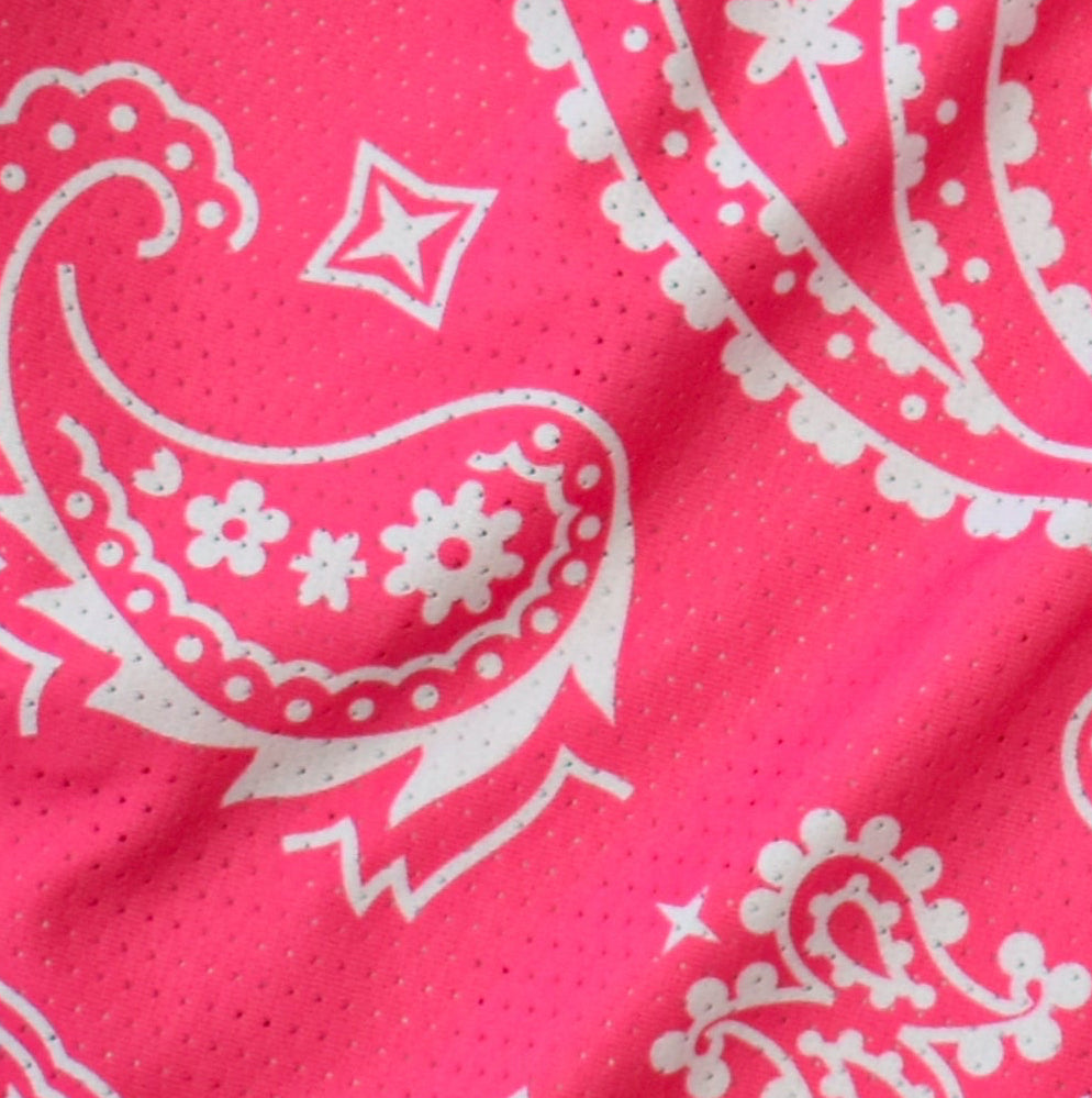 Close-up of RF-Wear Men's Mesh Paisley Shorts in Fuchsia/White
