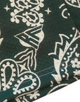 Close-up of RF-Wear Men's Mesh Paisley Shorts in Pine-Green/Cream wutg RF logo
