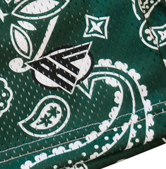 Close-up of RF-Wear Men's Mesh Paisley Shorts in Green/White with RF logo