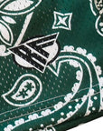 Close-up of RF-Wear Men's Mesh Paisley Shorts in Green/White with RF logo