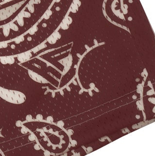 Close-up of RF-Wear Men's Mesh Paisley Shorts in Merlot/Cream with RF logo