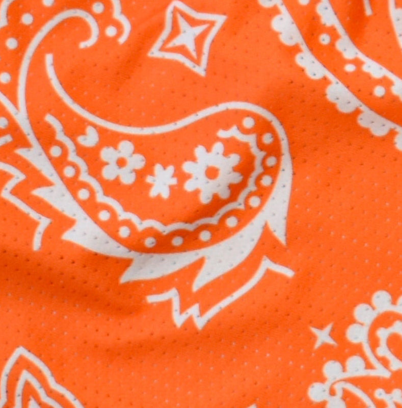 Close-up of RF-Wear Men's Mesh Paisley Shorts in Orange/White 